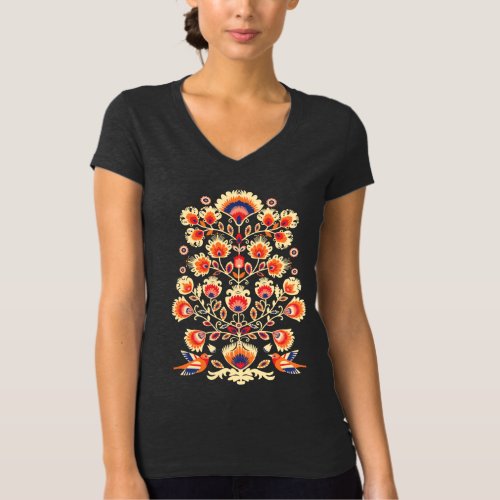 Folklore with yellow flowers and birds T_Shi T_Shirt