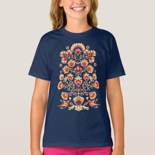 Folklore with yellow flowers and birds T_Shirt