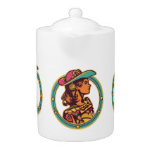Folkloric Cowgirl Ceramic Jar Colorful Kitchen