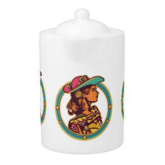 Folkloric Cowgirl Ceramic Jar Colorful Kitchen Teapot
