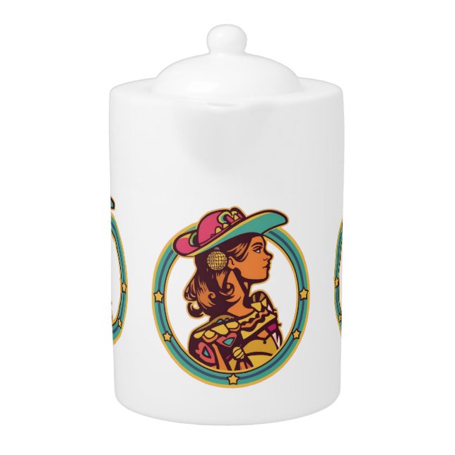 Folkloric Cowgirl Ceramic Jar Colorful Kitchen  Teapot (Front)