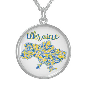 Folkloric pattern and Ukraine typography Sterling Silver Necklace