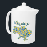 Folkloric pattern and Ukraine typography   Teapot<br><div class="desc">Geography shape of Ukraine</div>
