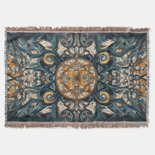 Folkloric Teal  Amber Intricate Ceiling Design Throw Blanket