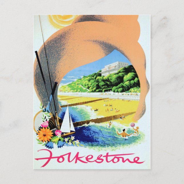 Folkstone vintage advertising railway poster postcard (Front)