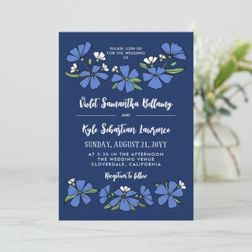 Folksy Blue Flowers Wedding Invitation
