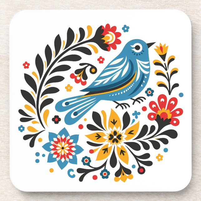 Folksy Bluebird and Wildflowers Beverage Coaster (Front)