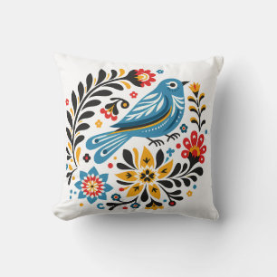 Folksy Bluebird and Wildflowers Throw Pillow