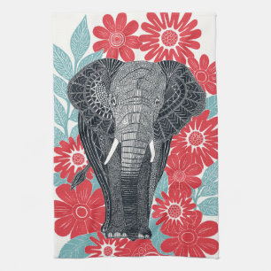 folksy elephant red kitchen towel