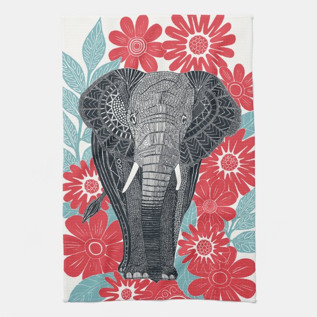 folksy elephant red kitchen towel (Vertical)