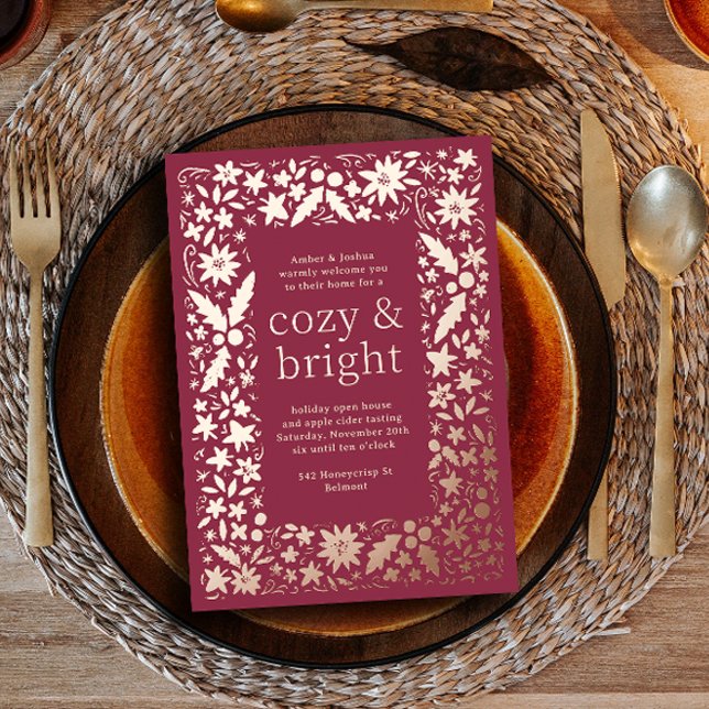 Folksy Floral Frame Cozy and Bright Autumn Party Foil Holiday Card (Creator Uploaded)