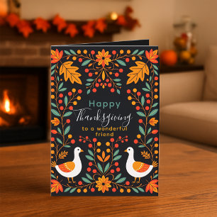Folksy Geese and Autumn Leaves Thanksgiving Card
