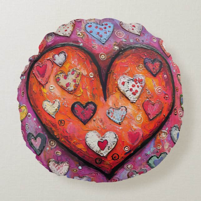 Folksy Hearts  Round Pillow (Front)