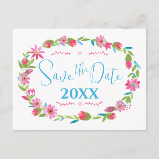 Folksy Purple Pink Blue Green Floral Wreath Announcement Postcard