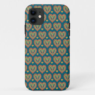 Folksy Red and Green Romantic Hearts on Dark Teal iPhone 11 Case