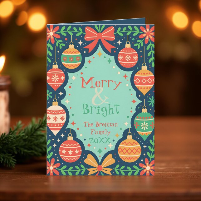 Folksy Retro Ornaments Merry & Bright Holiday  Card (Creator Uploaded)