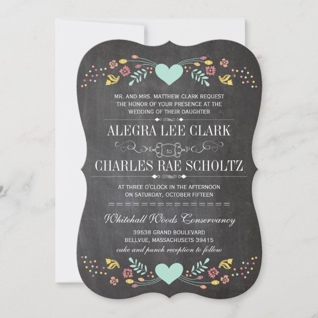 Folksy Rustic Floral Garland Chalkboard Wedding Invitation (Front)