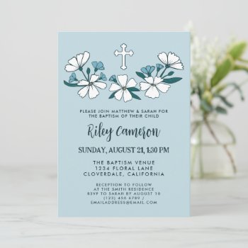 Folksy White Blue Flowers Boy Baptism Invitation by Paperpaperpaper at Zazzle
