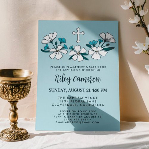 Folksy White Blue Flowers Boy Baptism Invitation