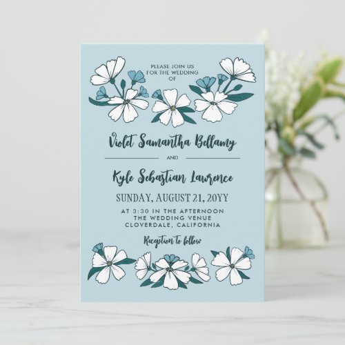 Folksy White Blue Flowers Wedding Invitation