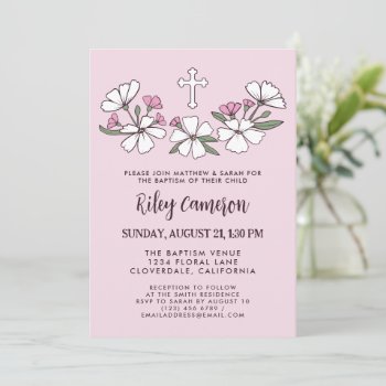 Folksy White Pink Flowers Girl Baptism Invitation by Paperpaperpaper at Zazzle