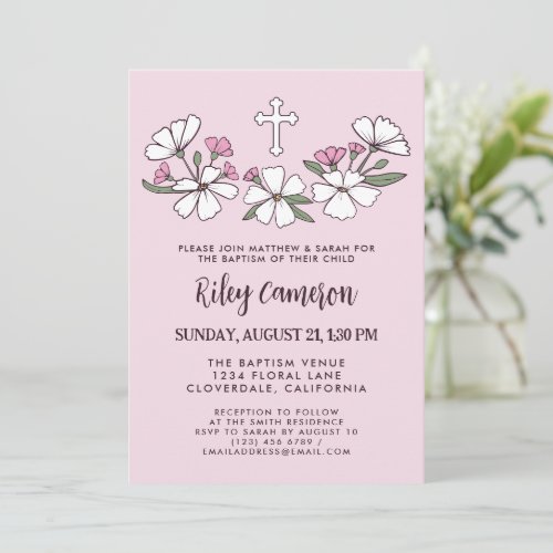 Folksy White Pink Flowers Girl Baptism Invitation