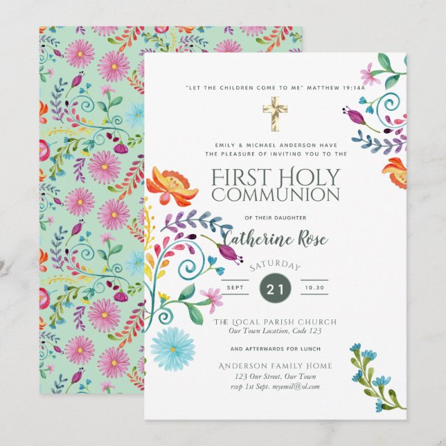Folksy Wildflower Holy Communion Invite Watercolor (Front/Back)