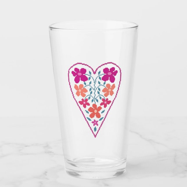 Folky Floral Heart Glass Cup (Front)