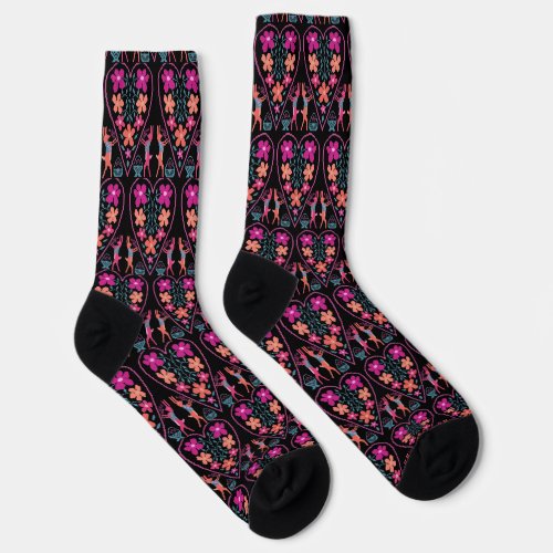 Folky Floral Heart with Rabbits Crew Socks
