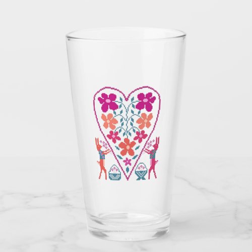 Folky Floral Heart with Rabbits Glass Cup
