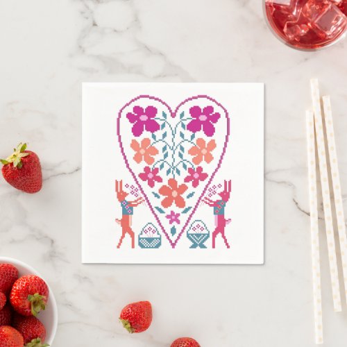 Folky Floral Heart with Rabbits Paper Napkin