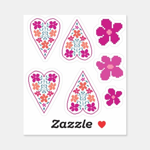 Folky Floral Hearts and Flowers 3 x 3 Stickers