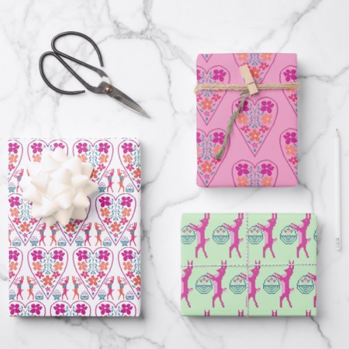 Folky Floral Hearts and Rabbits Wrapping Paper Set