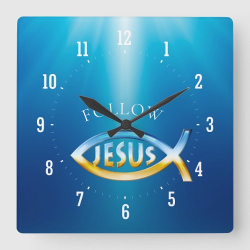 Follow Jesus _ Christian Fish Symbol Square Wall Clock