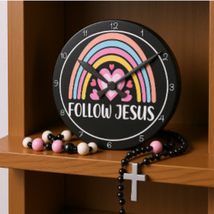 Follow Jesus Rainbow With Hearts Graphic Round Clock
