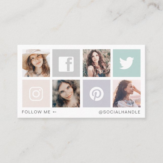 Follow Me Social Media Square Grid Photo Collage Business Card (Front)