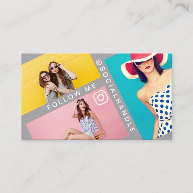 Follow Me Trendy Social Media Photo Layout Grey Business Card (Front)