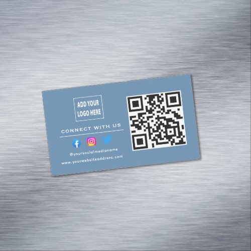 Follow Scan To Connect With Us QR Code Dusty Blue Business Card Magnet