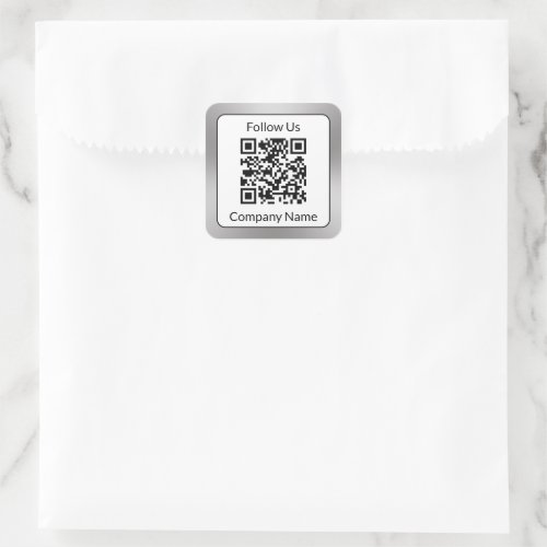 Follow Us Black White Silver Business Name QRCode  Square Sticker