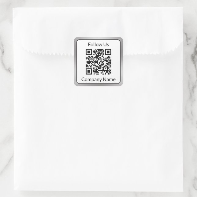 Follow Us Black White Silver Business Name QRCode  Square Sticker (Bag)