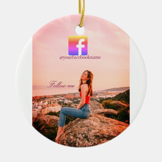 follow us facebook username social media photo  ceramic ornament (Front)