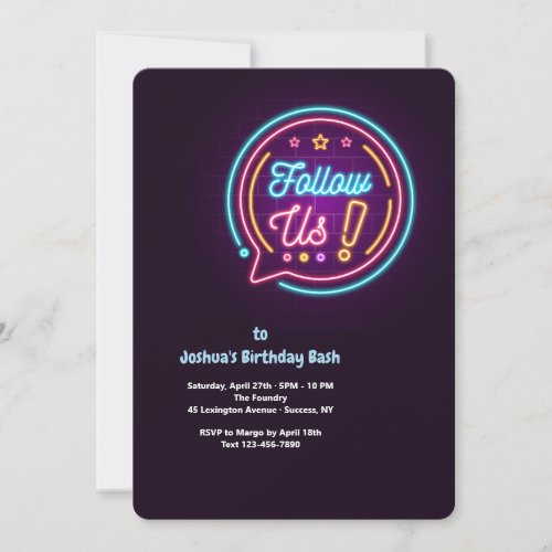 Follow Us Neon Birthday Party Invitation