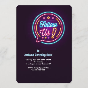 Follow Us Neon Birthday Party Invitation