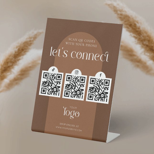 Follow Us Social Media 3 QR Codes Boho Terracotta Pedestal Sign (Modern Social Media QR Code sign with 3 QR codes, earthy terracotta aesthetic and minimal layout)