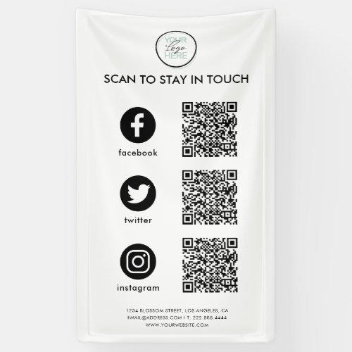 Follow Us Social Media QR Code Business Banner - Follow us on social media with this simple business banner featuring your logo, QR codes for customers to follow you on social media platforms (you need to replace these with your own), and company contact details.