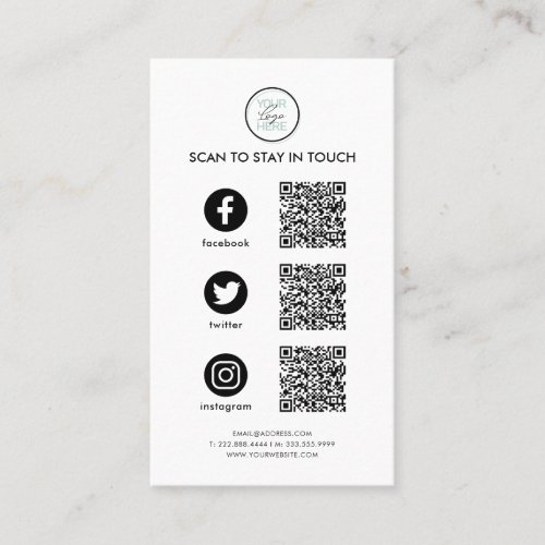 Follow Us Social Media QR Code Business Card - Follow us on social media with this simple business card featuring your logo, QR codes for customers to follow you on social media platforms (you need to replace these with your own), and company contact details.