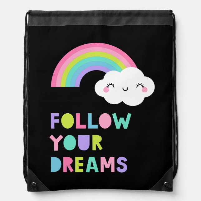 Follow Your Dreams Cute Rainbow Cloud Drawstring Bag (Front)