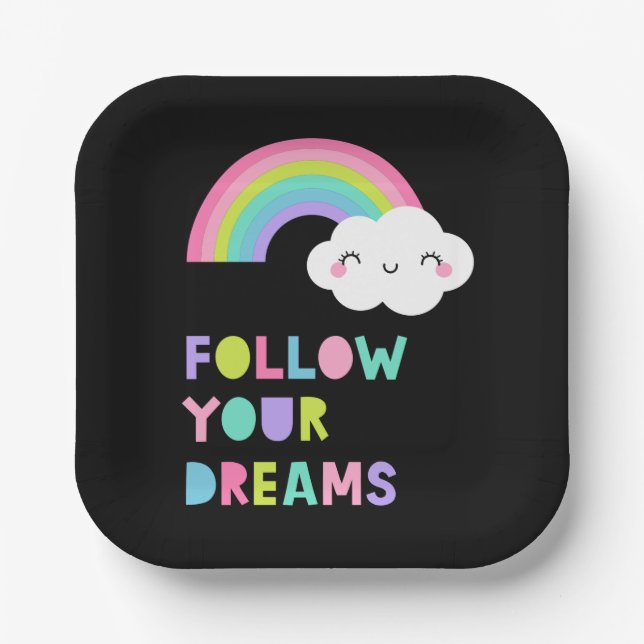 Follow Your Dreams Cute Rainbow Cloud Paper Plates (Front)