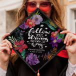 Follow your dreams motivational tropical flowers graduation cap topper<br><div class="desc">Celebrate your big day with this elegant girly floral graduation cap topper featuring an inspirational quote that reads "Follow your dreams, they know the way" in white modern hand-written fonts, decorated with little stars and surrounded by a wreath of colorful watercolor tropical flowers and foliage. Easily customize this cap topper...</div>