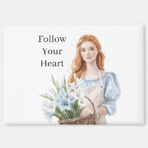Follow Your Heart Redhead Girl Blue Top Flowers Magnet